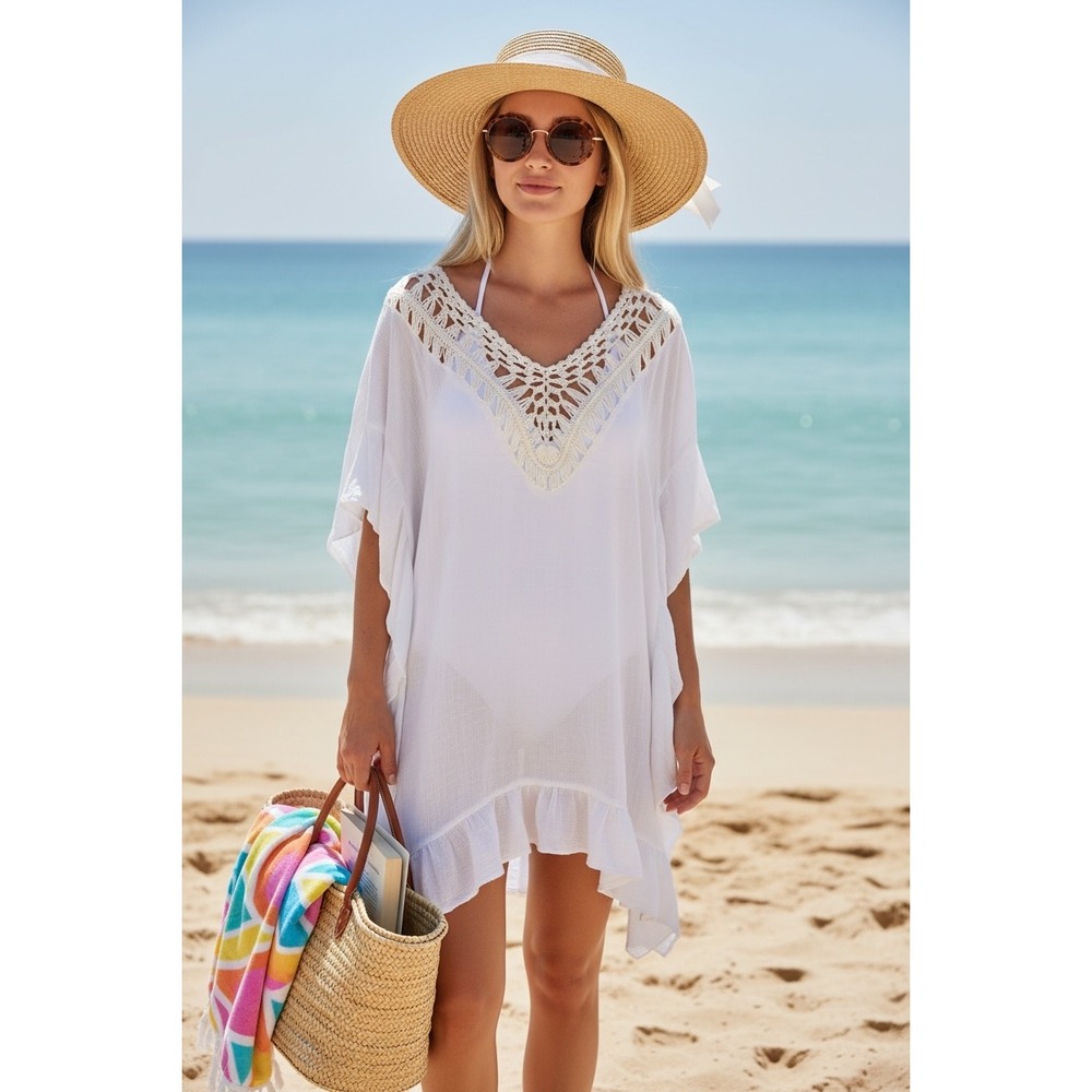 White Crochet Lace V-Neck Ruffle Swim Cover Up Kaftan OS One Size Beach